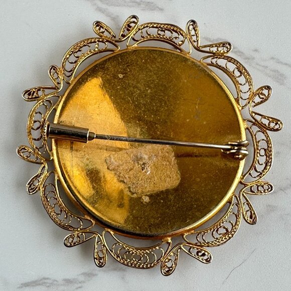 Vintage Filigree Damascene Guilloche Rose Brooch With Yellow & Red Floral Design - Picture 10 of 10